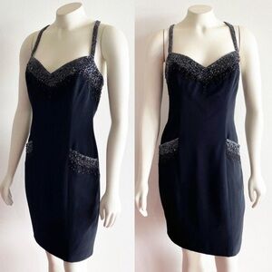 Oleg Cassini Vintage Black Tie Beaded Slip Dress Strappy Evening Cocktail Size 4